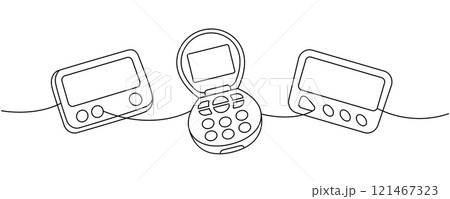 Old-fashioned communication technology one line continuous drawing. Small flip phone, pager, beeper. Vector linear illustration. 121467323