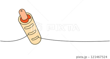 French hot dog one line colored continuous drawing. Tasty fast food. Vector linear illustration. 121467324