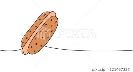 Hot dog one line colored continuous drawing. American street fast food. Vector linear illustration. 121467327