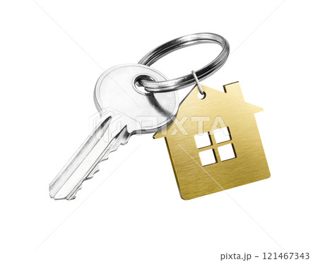 House key with golden house shaped keychain isolated on white background House key with golden house shaped keychain isolated on white background 121467343