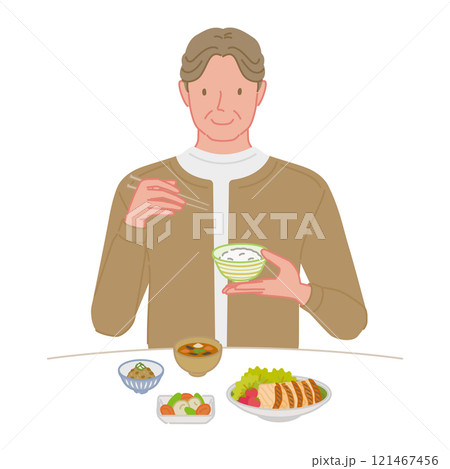 バランスの良い食事をする笑顔のミドル男性(薄毛の対策) バランスの良い食事をする笑顔のミドル男性(薄毛の対策) 121467456