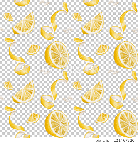 Lemon slices, peel and seeds of a citrus plant. Seamless pattern without background. Watercolor illustration. Yellow juicy fruit with pulp. Half a lemon, cut citrus.  121467520