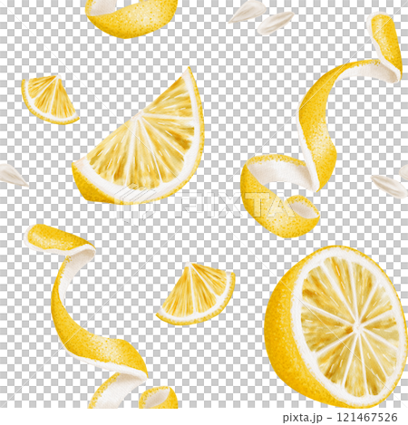 Lemon slices, peel and seeds of a citrus plant. Seamless pattern without background. Watercolor illustration. Yellow juicy fruit with pulp. Half a lemon, cut citrus. Lemon slices, peel and seeds of a citrus plant. Seamless pattern without background. Watercolor illustration. Yellow juicy fruit with pulp. Half a lemon, cut citrus. 121467526