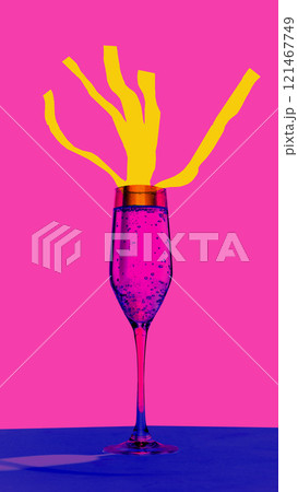 Contemporary art collage. Yellow paper strips rising from glass of champagne against vibrant pink background. Minimalistic pop art style. Contemporary art collage. Yellow paper strips rising from glass of champagne against vibrant pink background. Minimalistic pop art style. 121467749