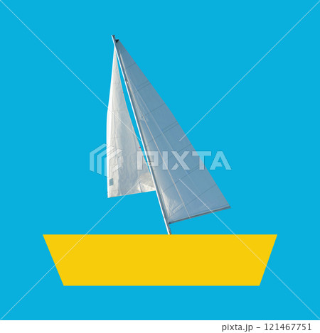 Contemporary art collage. White sail, boat catches wind, creating dynamic shape against blue background. Pop art design. Contemporary art collage. White sail, boat catches wind, creating dynamic shape against blue background. Pop art design. 121467751