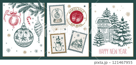 Christmas toy, ball, tree, set, Hand drawn illustration	 121467955