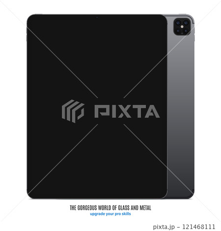 tablet grey color with black touch screen saver and backside isolated on white background. front view mockup of realistic and detailed device with shadow. stock vector illustration 121468111