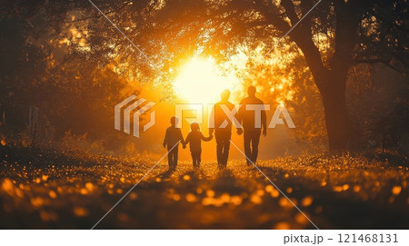 A family of four, holding hands and walking towards the sunset under an old tree 121468131