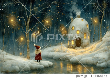 Christmas card,A snowy landscape with a glowing cottage, warm lights, and a girl in a red coat And Santa's hat. Hand-drawn style, serene forest at night. Festive mood 121468133