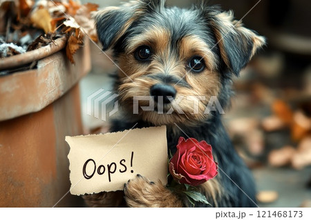 A black dog holding a note in its paws that says Oops. 121468173