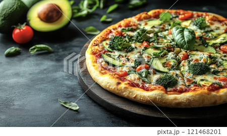 Vegan pizza with seasonal ingredients: tomato, avocado, greens, broccoli. Vegan pizza with seasonal ingredients: tomato, avocado, greens, broccoli. 121468201
