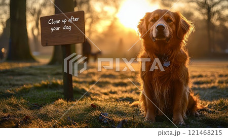 ginger dog sitting in the park next to a sign Clean up after your dog 121468215