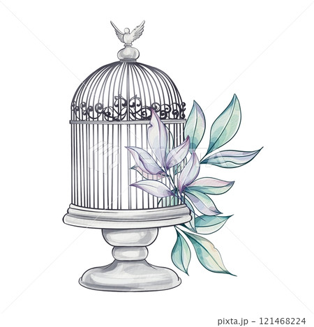 A beautiful watercolor illustration showcases an ornate birdcage with a delicate bird on top, complemented by soft, flowing leaves around it 121468224