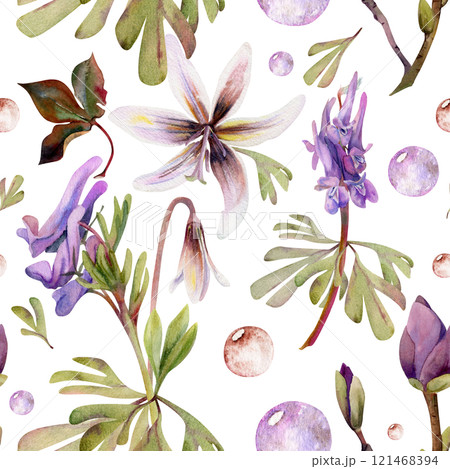 Spring forest flowers, white fawn trout lily, purple corydalis vetch orchid, brown leaves, glass bubbles hand drawn in watercolor. Botanical isolated illustration for wedding, florist shop, stationery 121468394
