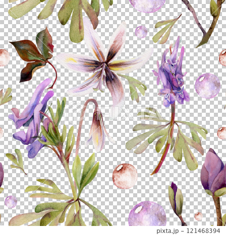 Spring forest flowers, white fawn trout lily, purple corydalis vetch orchid, brown leaves, glass bubbles hand drawn in watercolor. Botanical isolated illustration for wedding, florist shop, stationery 121468394