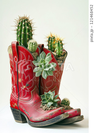 Two ornamental red cowboy boots repurposed as unique planters filled with lively green cacti and succulents, combining rustic Western charm with eco-friendly creativity. 121468452