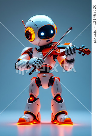 Robot performs beautiful music on violin in a futuristic setting with vibrant lighting Robot performs beautiful music on violin in a futuristic setting with vibrant lighting 121468520