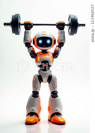 Robot lifting weights in a fitness setting showcasing strength and technology Robot lifting weights in a fitness setting showcasing strength and technology 121468527