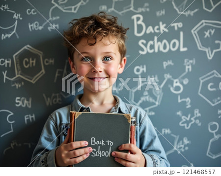 Joyful boy holding chalkboard sign for back to school in classroom with science drawings on the wall 121468557