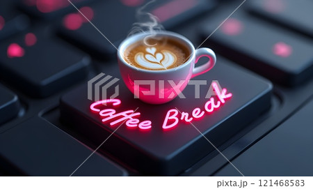 Coffee break concept with a coffee cup on a computer keyboard highlighting relaxation and productivity 121468583