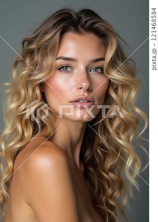 Captivating portrait of a young woman with curly hair against a neutral background 121468584