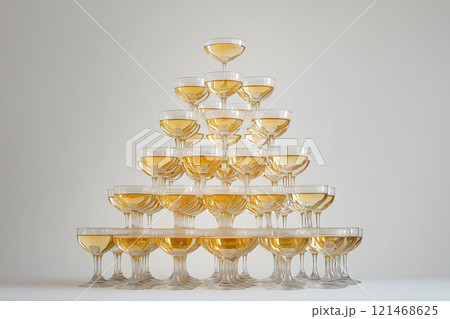 Pyramid of champagne glasses filled with sparkling wine, representing sophistication, celebration, and festivity. Wedding decorations, parties, and events where elegance and prosperity are paramount. 121468625