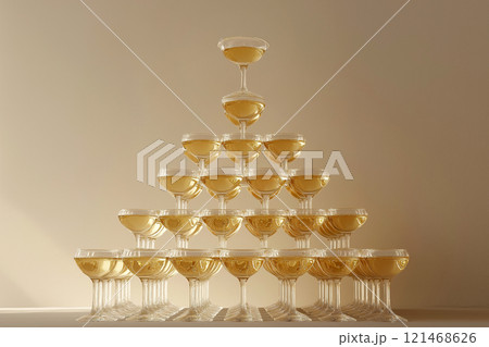 Pyramid of champagne glasses filled with sparkling wine, representing sophistication, celebration, and festivity. Wedding decorations, parties, and events where elegance and prosperity are paramount. 121468626