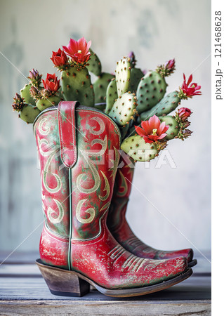 Two ornamental red cowboy boots repurposed as unique planters filled with lively green cacti and succulents, combining rustic Western charm with eco-friendly creativity. 121468628