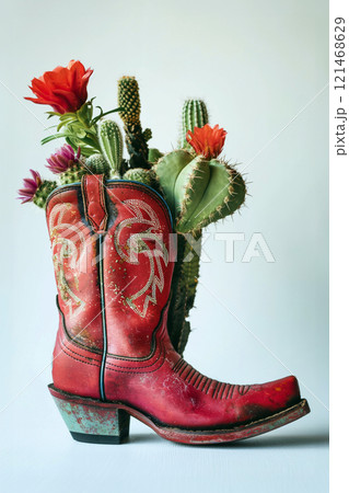 Two ornamental red cowboy boots repurposed as unique planters filled with lively green cacti and succulents, combining rustic Western charm with eco-friendly creativity. 121468629