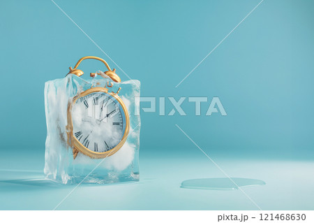 Alarm clock in ice cube, frozen time. Stopping the time concept, freeze time. Climate change. Daylight saving time, save the date, fall back 121468630