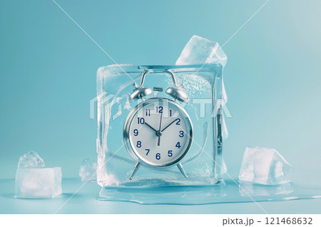 Alarm clock in ice cube, frozen time. Stopping the time concept, freeze time. Climate change. Daylight saving time, save the date, fall back 121468632