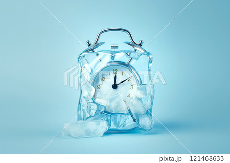 Alarm clock in ice cube, frozen time. Stopping the time concept, freeze time. Climate change. Daylight saving time, save the date, fall back 121468633