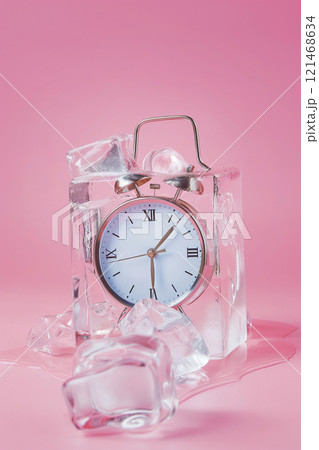 Alarm clock in ice cube, frozen time. Stopping the time concept, freeze time. Climate change. Daylight saving time, save the date, fall back 121468634