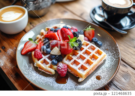 A plate of golden Belgian waffles garnished with vibrant fresh fruits and powdered sugar, accompanied by cups of latte and espresso. A perfect breakfast or brunch scene on a rustic wooden table. 121468635