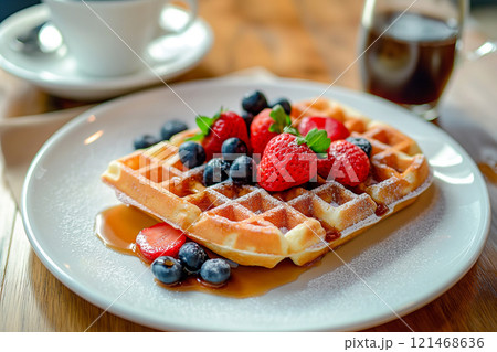 A plate of golden Belgian waffles garnished with vibrant fresh fruits and powdered sugar, accompanied by cups of latte and espresso. A perfect breakfast or brunch scene on a rustic wooden table. 121468636