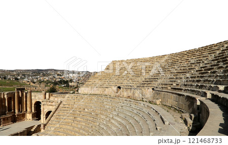 Amphitheater in Jerash (Gerasa of Antiquity), capital and largest city of Jerash Governorate, Jordan. Carved on white background 121468733