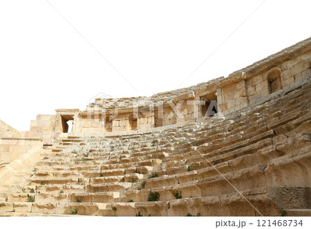Amphitheater in Jerash (Gerasa of Antiquity), capital and largest city of Jerash Governorate, Jordan. Carved on white background 121468734