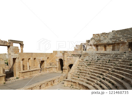 Amphitheater in Jerash (Gerasa of Antiquity), capital and largest city of Jerash Governorate, Jordan. Carved on white background 121468735