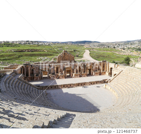Amphitheater in Jerash (Gerasa of Antiquity), capital and largest city of Jerash Governorate, Jordan. Carved on white background Amphitheater in Jerash (Gerasa of Antiquity), capital and largest city of Jerash Governorate, Jordan. Carved on white background 121468737