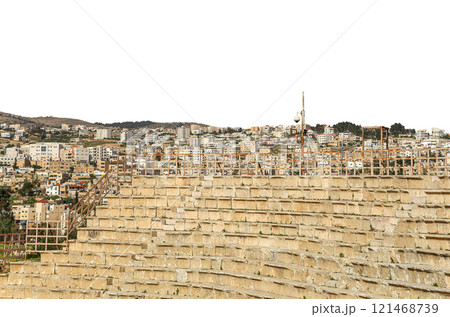Amphitheater in Jerash (Gerasa of Antiquity), capital and largest city of Jerash Governorate, Jordan. Carved on white background 121468739