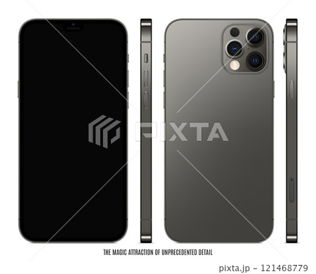 smartphone frameless grey color with black screen saver front, back and side view isolated on white background. mockup of realistic and detailed new mobile phone. stock vector illustration 121468779