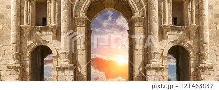 Arch of Hadrian in Gerasa (Jerash)-- was built to honor the visit of emperor Hadrian to Jerash in 129/130 AD, Jordan. Against the background of a beautiful sky with clouds Arch of Hadrian in Gerasa (Jerash)-- was built to honor the visit of emperor Hadrian to Jerash in 129/130 AD, Jordan. Against the background of a beautiful sky with clouds 121468837