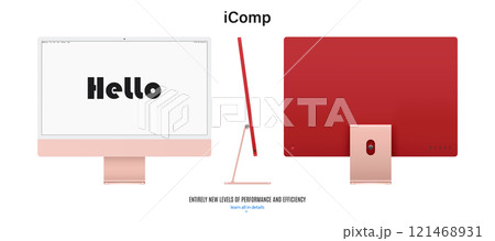 computer monitor pink color with blank screen saver front, back and side view isolated on white background. realistic and detailed mockup of display for system unit. stock vector illustration 121468931