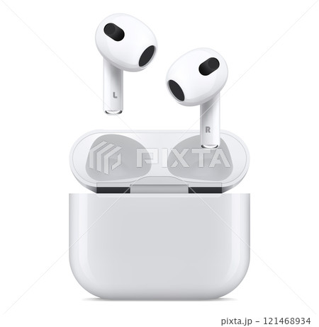 wireless headphones with charging case isolated on white background. earphones for smartphone and tablet. realistic and detailed mockup. stock vector illustration 121468934