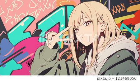 アニメ風の女の子とグラフィティの背景 AIのイラスト素材