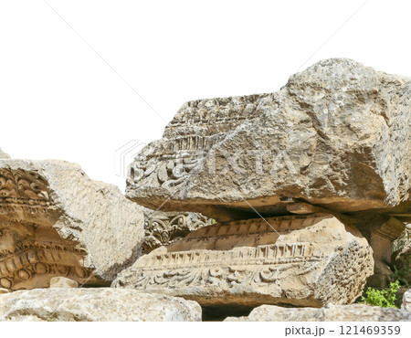 Roman ruins (carved on white background) in the Jordanian city of Jerash (Gerasa of Antiquity), capital and largest city of Jerash Governorate, Jordan Roman ruins (carved on white background) in the Jordanian city of Jerash (Gerasa of Antiquity), capital and largest city of Jerash Governorate, Jordan 121469359