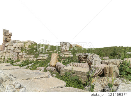 Roman ruins (carved on white background) in the Jordanian city of Jerash (Gerasa of Antiquity), capital and largest city of Jerash Governorate, Jordan 121469374