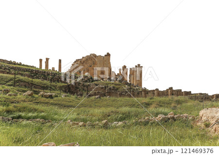 Roman ruins (carved on white background) in the Jordanian city of Jerash (Gerasa of Antiquity), capital and largest city of Jerash Governorate, Jordan 121469376