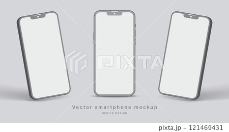 smartphone clay mockup with blank screen in different angles view isolated on grey background. minimalist mobile phone with shadow for application design presentation. vector 3d isometric illustration 121469431