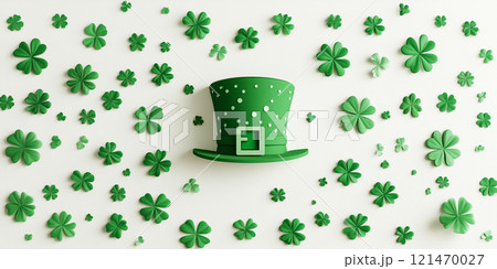 Decorative clover leaves, green hat on white background, flat lay. St. Patrick's Day celebration. Card Happy St. Patrick's Day. Decorative clover leaves, green hat on white background, flat lay. St. Patrick's Day celebration. Card Happy St. Patrick's Day. 121470027